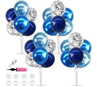 TONIFUL Lot de 4 supports de ballons bleus métallisés argentés pour centre de table, décoration de table pour anniversaire, fête des pères, retraite, décoration de fête bleue, décorations de remise de