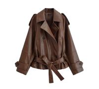 TONINMM Veste Cuir Femme Coupe Inspirée du Trench-Coat avec Larges Revers, Fermeture Croisée Et Ceinture À Nouer pour Un Style Citadin, en Similicuir