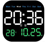 TONIXY 1 horloge murale numérique LED moderne avec calendrier, thermomètre, alarme de phase de lune, télécommande à gradation automatique, bureau carré en plastique ou support mural pour la maison et