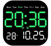 TONIXY 1 horloge murale numérique LED moderne avec calendrier, thermomètre, alarme de phase de lune, télécommande à gradation automatique, bureau carré en plastique ou support mural pour la maison et