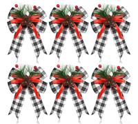 TONIXY Lot de 6 nœuds de Noël avec pommes de pin et aiguilles, ruban de velours rouge, pour couronne d'arbre, décoration artisanale, 13 x 15 cm (noir et blanc)