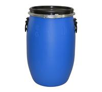 Tonneau de rangement en plastique bleu ouvert avec couvercle et anneau de serrage, approuvé par les Nations Unies, qualité alimentaire 30 l