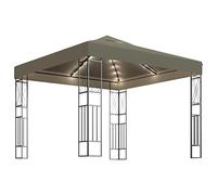 Tonnelle 3x3 m Taupe avec Guirlande Lumineuse LED Blanc Chaud, Cadre Acier Robuste avec détails décoratifs, auvent ventilé en Tissu Polyester