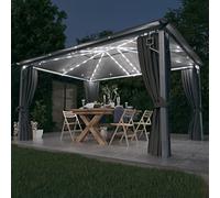 Tonnelle Aluminium Anthracite 4x3 m avec Rideaux, Guirlande LED Solaire, abri extérieur Jardin terrasse Patio Protection Soleil UV Pluie, moustiquaires incluses