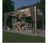 Tonnelle avec rideau et LED - vidaXL - 400x300 cm - Taupe - Aluminium - Énergie solaire - Rideaux inclus - Moustiquaires