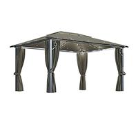 Tonnelle avec rideaux et guirlande lumineuse LED, 400 x 300 cm, taupe, cadre en aluminium, armatures en acier, tissu 100 % polyester, parfaite pour les fêtes de jardin et les événements en plein air