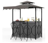 Tonnelle Barbecue Extérieur - RELAX4LIFE- 3 PCS - Bar et 2 Chaises Pliantes - Auvent Latéral - 4 Porte-verres - Toit Double - Gris