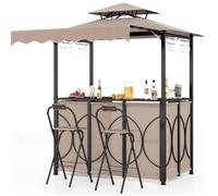 Tonnelle Barbecue Extérieur - RELAX4LIFE- 3 PCS - Bar et 2 Chaises Pliantes - Auvent Latéral - 4 Porte-verres - Toit Double -Marron