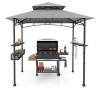Tonnelle de Barbecue 242x153 cm COSTWAY-Toit à 2 Niveaux-2 Etagères Latérales-Panier de Rangement-Crochets de