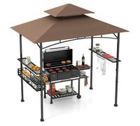 Tonnelle de Barbecue 242x153cm COSTWAY-Toit 2 Niveaux-2 Etagères Latérales-Panier Rangement-Crochets Suspension-Décapsuleur Marron