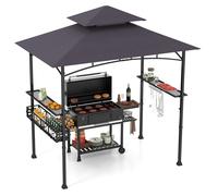 Tonnelle de Barbecue 242x153cm COSTWAY-Toit 2 Niveaux-2 Etagères Latérales-Panier Rangement-Crochets Suspension-Décapsuleur Gris