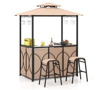 Tonnelle de Barbecue avec 2 Tabourets de Bar COSTWAY-Plateau en Verre Trempé-Etagères de Rangement-Auvent à Double Niveau-Marron