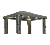 Tonnelle de jardin avec guirlande lumineuse et rideaux, 4 x 3 m, taupe, structure en aluminium, éclairage solaire LED, moustiquaires, double toit pour la circulation de l'air, acier revêtu par