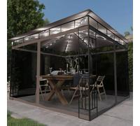 Tonnelle de Jardin avec Moustiquaire, 3x3x2.73 m, Structure Acier et Toile Polyester, Pergola Jardin Exterieur avec Guirlande LED Solaire, pour Terrasse, Jardin, Espace Extérieur, Couleur Taupe