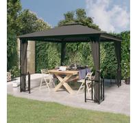 Tonnelle de jardin avec parois latérales et double toit Anthracite 3 x 3 m pour ombre et intimité, cadre en acier robuste, toit en polyester imperméable, moustiquaire amovible