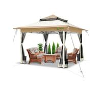 VOUNOT® Tonnelle de Jardin Extérieur 3.6x3.6m avec Moustiquaire Barnum Anti-UV Respirable Tente de Réception Cadre en Acier Toits Doubles Belvédère Jardin Terrasse Beige