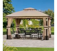 Tonnelle de jardin moderne de 3,35 x 3,96 m avec éclairage LED et haut-parleur Bluetooth, cadre en métal robuste, double toit, pavillon à toit souple avec moustiquaires et rideaux - Solution d'ombrage