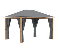 Pavillon De Jardin Style Contemporain - Barnum Avec Rideaux - Dim. 3,97l X 2,97l X 2,8h M - Alu. Aspect Bois Polyester Gris