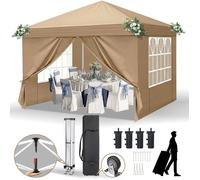 Tonnelle de jardin,Tente de Réception Chapiteau-3x3m-Gris, pliable et imperméable, 4xsacs de sable，Sac de transport avec roues,Kaki