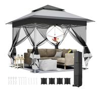 Tonnelle Pliante 3,3 x 3,3 imperméable,avec 4 Toiles Moustiquaires, One Push Tonnelle de Jardin,Tente de fête à Double Toit, 4 PCS Sacs de Sable, pour terrasse/marché/Camping/Plage, Gris Blanc