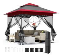 Tonnelle Pliante 3,3 x 3,3 imperméable, avec 4 Toiles Moustiquaires, One Push Tonnelle de Jardin, Tente de fête à Double Toit, 4 PCS Sacs de Sable, pour terrasse/marché/Camping/Plage, Rouge Gris