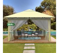 Tonnelle pliante 4 x 4 cm réglable en hauteur avec 4 parties latérales anti-moustiques, sac de transport, piquets de corde à vent, étanche, métal et tissu Oxford 210D, tente pour fête de jardin, kaki