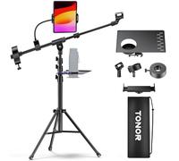 TONOR Bras de Microphone avec Support pour Tablette, Porte - gobelet, Bras de Trépied pour Plancher, Hauteur et Angle Réglables, Support Robuste avec Sac de Transport, Clip de Coussin, T35+
