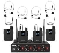 TONOR Système de Micro sans Fil avec 4 émetteurs de Poche/micros-Cravates/Casque à Effet Hall, 4x5 fréquences, portée 60m, pour Chant, karaoké, église, DJ, système PA, Haut-Parleur, TW364