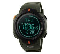 TONSHEN Boussole Montre Hommes Digital LED Outdoor Sport Tactique Militaire Electronique Quartz Montres 50M Etanche Plastique Lunette et Caoutchouc Bande 3 Alarme Monde Temps Montre pour Hommes (Vert)