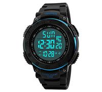 TONSHEN Grand Cadran Plastique Digitale Montre Homme 50M Etanche Outdoor Militaires Sport Montres Bracelet et Caoutchouc Ruban Multifonctionnelnel LED Double Temps Alarme (Bleu)