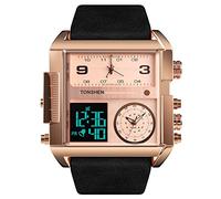 TONSHEN Homme Analogique Quartz Trois Temps Digitale Montre Grand Cadran Acier Inoxydable Caisse et Cuir Ruban LED Rètro Eclairage Alarme Multifonctionnelnel Montres Bracelet