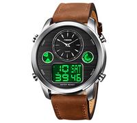 TONSHEN Homme Digitale Montre Analogique Quartz Trois Temps Acier Inoxydable Caisse et Cuir Ruban LED Rètro Eclairage Alarme Multifonctionnelnel Montres Bracelet (Brun Clair)