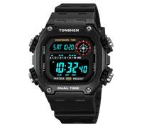 TONSHEN Homme et Femme Sport Digitale Outdoor Militaires Etanche Montre LED Électronique 12H/24H Semaine Chronographe Temps Double Plastique Montres Bracelet (Noir 2)