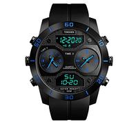 TONSHEN Homme Trois Temps Digitale Montre 50M Etanche LED Analogique Quartz Multifonctionnelnel Outdoor Militaires Sport Montres Alarme Acier Inoxydable Caisse et Caoutchouc Ruban (Bleu)