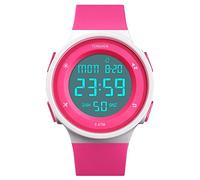 TONSHEN Montre Femme Digitale Outdoor Sport 50M Etanche Plastique Caisse et Caoutchouc Ruban LED Électronique Multifonctionnel Montres Bracelet Double Temps Alarme (Rouge)