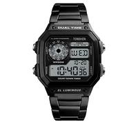 TONSHEN Montre Homme Mode Luxe Outdoor Sport Multifonctionnelnel LED Double Temps Plastique Caisse et Acier Inoxydable Ruban LED Digitale Montres Bracelet 50M Etanche (Noir)