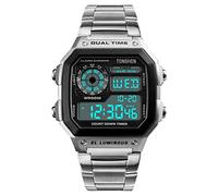 TONSHEN Montre Homme Mode Outdoor Sport Multifonctionnelnel LED Double Temps Plastique Caisse et Acier Inoxydable Ruban LED Digitale Montres Bracelet 50M Etanche (Argent)