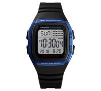 TONSHEN Montre Unisexe Outdoor Sport LED Double Temps Rectangle Plastique Caisse et Caoutchouc Ruban 50M Etanche Digitale Montres Bracelet Multifonctionnel Alarme Chronomètre (Bleu)