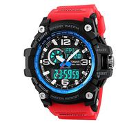 TONSHEN Simple Outdoor Sport Digitale Montre Homme Grand Cadran LED Analogique Quartz Trois Temps 50M Etanche Militaire Multifonctionnel Plastique Montres Bracelet Alarme Date (Rouge Ruban)