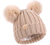 Tontuland Kids Winter Beanie Hat Warm Ski Caps with Pompom Fleece Lined Children's Knit Hat for Boys Girls Beige