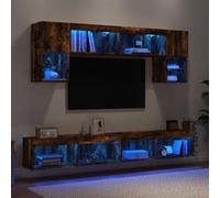 Tonture 6 pièces. Mur de salon avec éclairage LED, bois de chêne fumé, montage mural, design moderne, rangement multimédia, pour salon