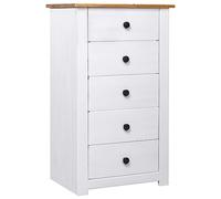 Tonture Buffet blanc 46 x 40 x 89 cm, en pin massif panama, avec 5 tiroirs, grand espace de rangement pour salon, bureau, couloir, armoire de rangement pratique