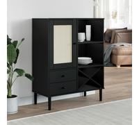 Tonture Buffet SENJA Aspect rotin Noir 90x40x112cm en Bois Massif de pin avec Rangement Porte tiroirs et Surface décorative pour Salon Salle à Manger ou entrée