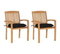 Tonture Chaises de Jardin en Bois de Teck Massif avec Coussins Noirs, Lot de 2 chaises empilables avec accoudoirs et dossiers inclinables pour terrasse, Balcon, Patio ou Espace extérieur détente