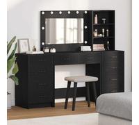 Tonture Coiffeuse avec étagère 3 pièces aspect chêne noir en bois avec 10 tiroirs, éclairage LED, espace de rangement et miroir pour chambre à coucher et salle de bain