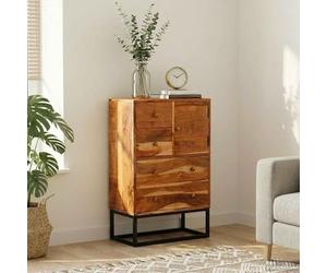 Tonture Commode à tiroirs naturel 55 x 30 x 90 cm en bois d'acacia massif avec cadre en métal et poignées en laiton, utilisation polyvalente dans le salon, la chambre à coucher