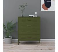Tonture Commode vert olive 80 x 35 x 101,5 cm en acier robuste avec 4 tiroirs, glissières à roulement à billes, pieds réglables, espace de rangement polyvalent pour salon, cuisine