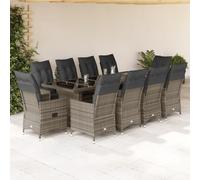 Tonture Ensemble bistro de jardin 11 pièces en polyrotin gris, fauteuils de relaxation réglables, plateau en verre trempé, meubles d'extérieur pour balcon et terrasse, résistant aux UV