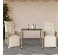 Tonture Ensemble bistro de jardin 3 pièces en polyrotin avec fauteuils de relaxation réglables, table en verre, résistant aux UV, aux intempéries, pour balcon, terrasse, extérieur Beige