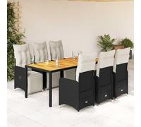 Tonture Ensemble bistro de jardin 7 pièces en polyrotin noir, chaises réglables, table en bois d'acacia, coussins blanc crème, résistants aux UV, aux intempéries, pour terrasse, balcon, extérieur